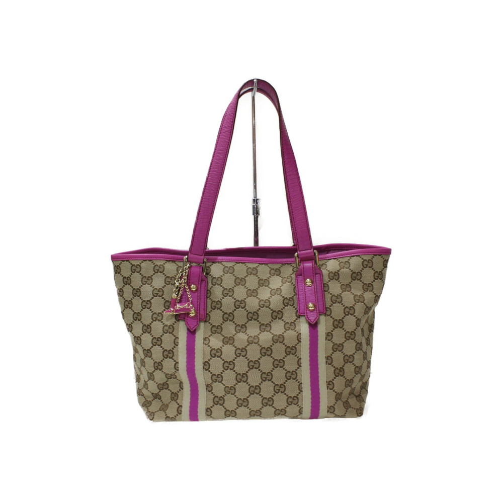 GUCCI Tote Bag GG Canvas Leather Beige Pink Handbag Keychain